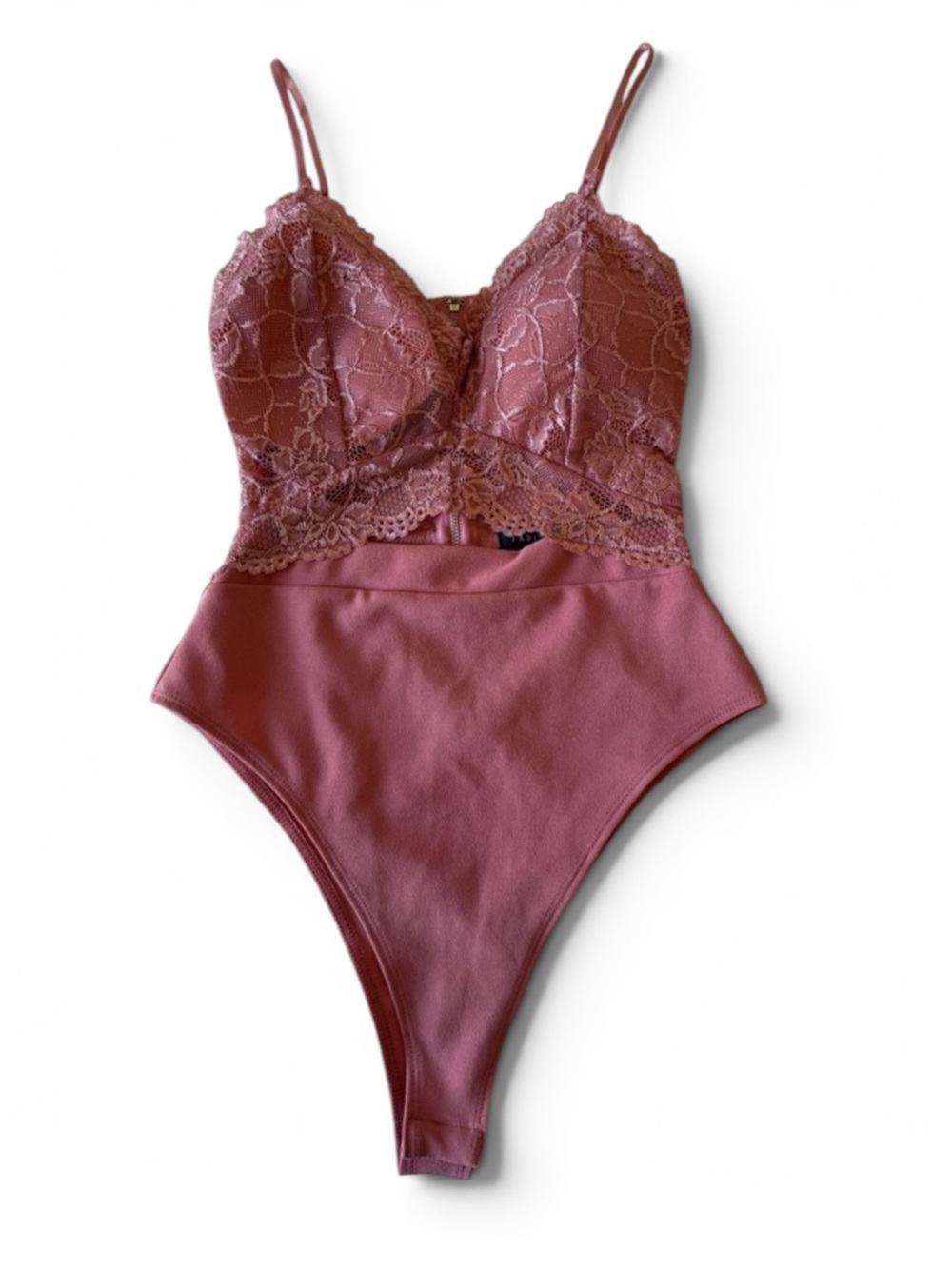 Pink Lace Bodysuit, Adjustable Straps, Built-In Padding, Snap Closure